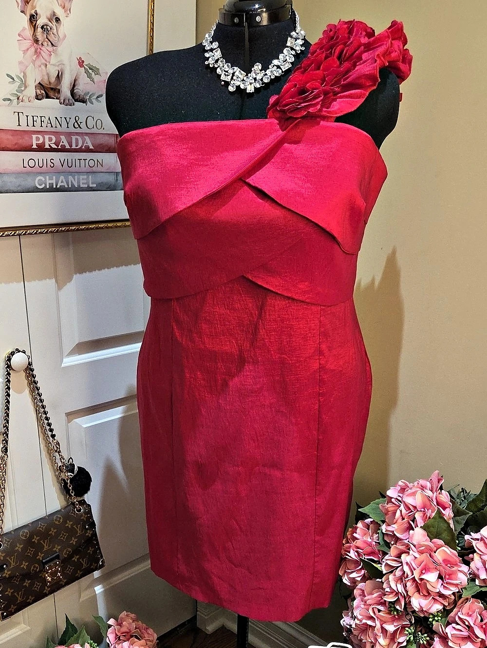 22W Snap Floral One Shoulder Mini Red  Stretchy Evening Dress